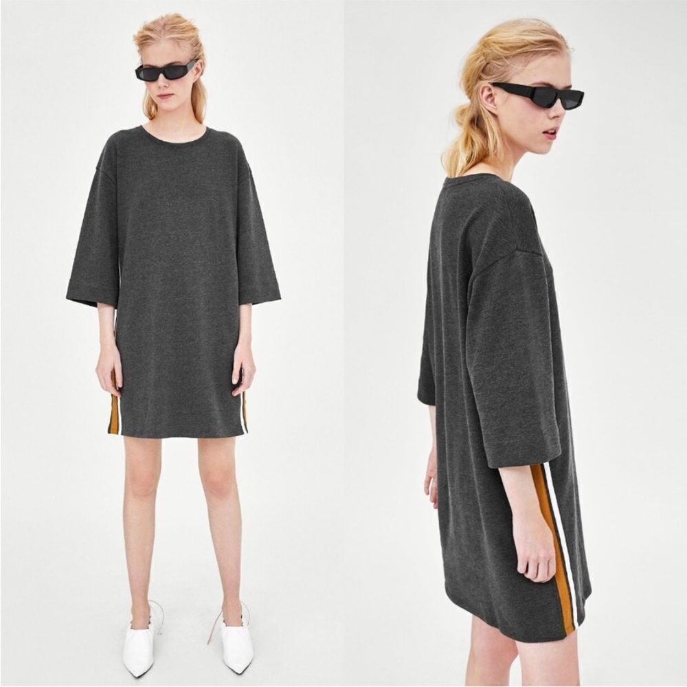 ZARA | Gray Sweatshirt Shift Dress Yellow White Side Stripe Women’s Size Medium